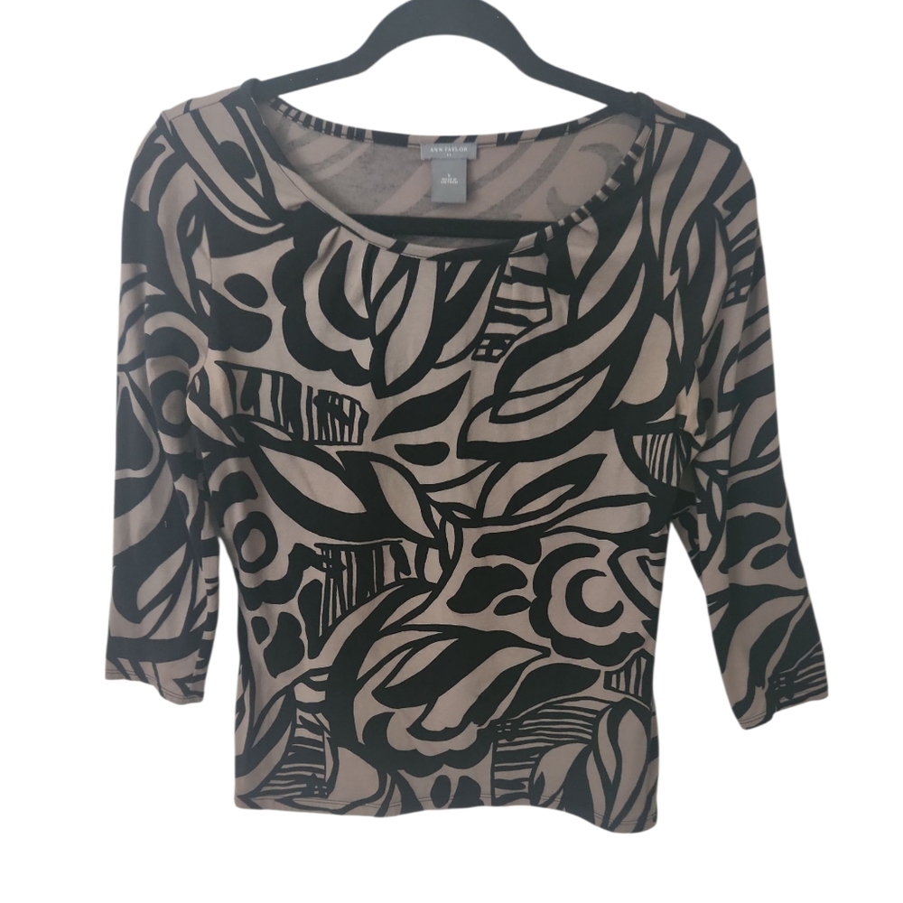 Ann Taylor Women's Black/Tan Abstract Print 3/4 Sleeve Pullover Top Size S